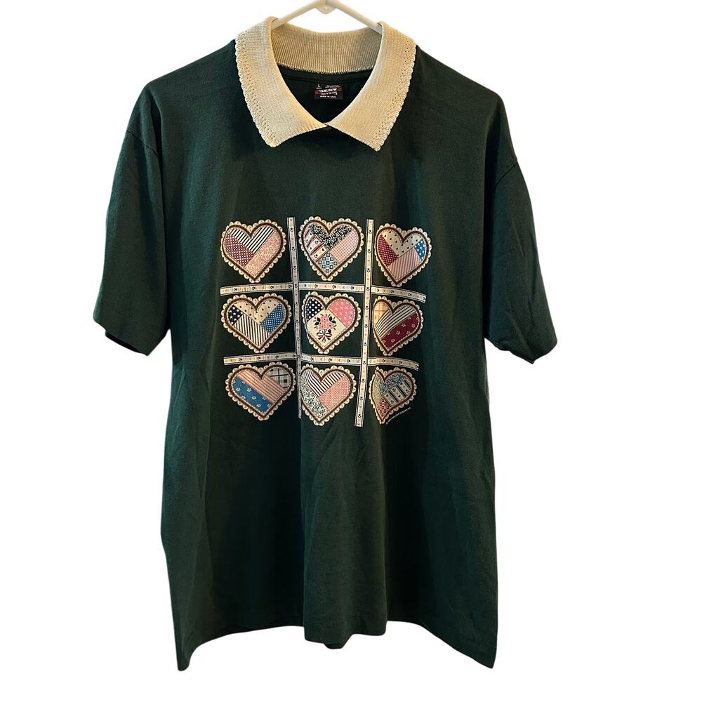 Vintage 1993 Collared Tshirt with Patchwork Hearts Cottage Core Size Large‎